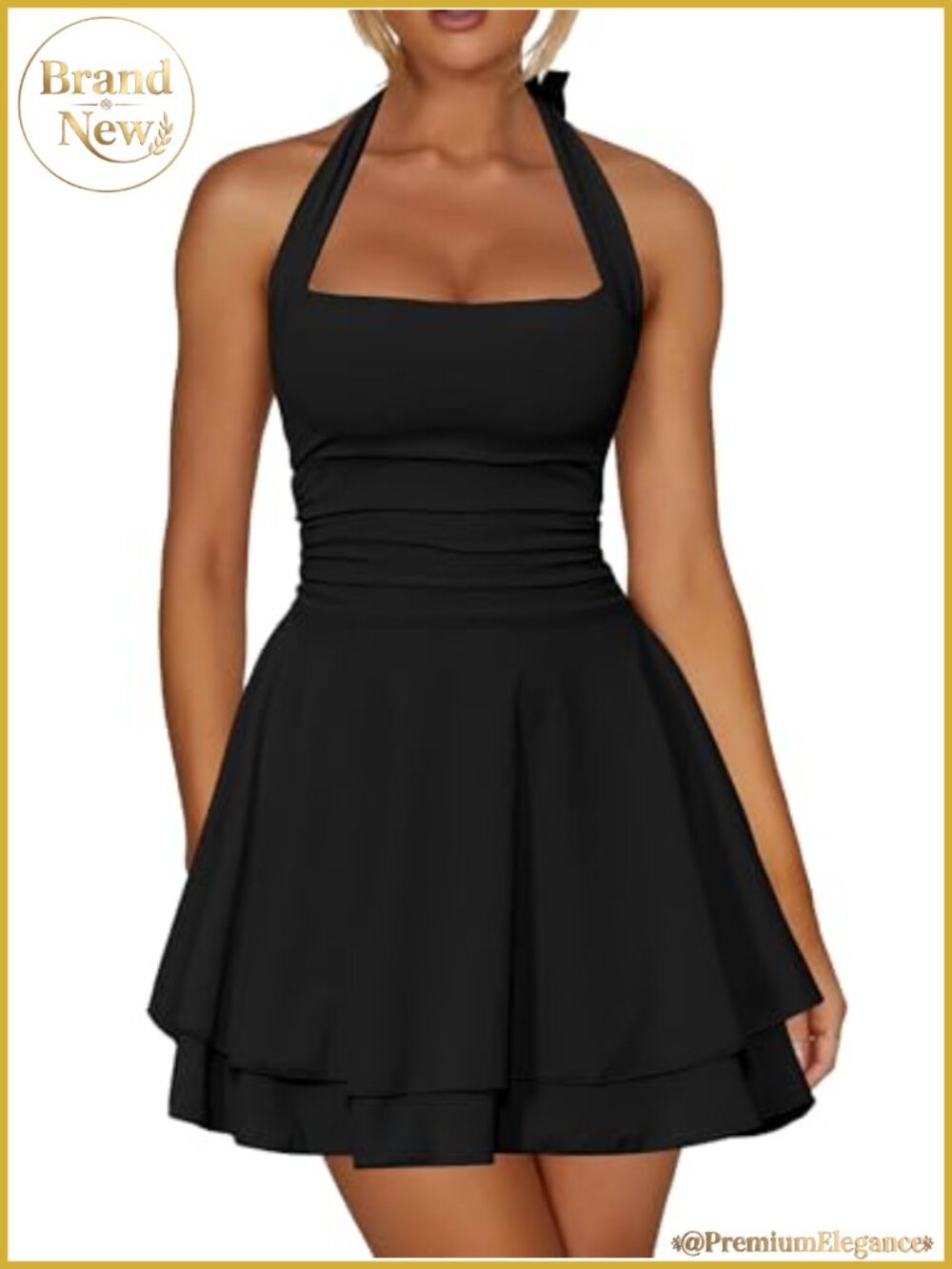Halter Neck Backless Mini Dress Ruffle Hem Ruched A-Line Club Party